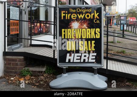 Fireworks on sale at The Original Fireworks co. shop, UK. There are concerns over safety this bonfire night during the covid-19 pandemic 2020 Stock Photo