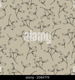 Elegant hand drawn Christmas seamless pattern with mistletoe. Winter vintage engraving design. Golden vector illustration background. Floral tile for Stock Vector