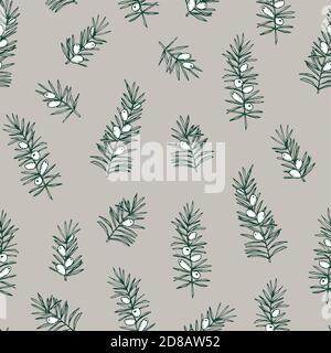 Elegant hand drawn Christmas seamless pattern. Evergreen coniferous taxus tree branches. Winter vintage engraving design. Beige vector illustration Stock Vector
