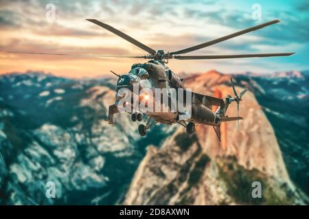 Russian attack helicpter flies over a beautiful landscape Stock Photo