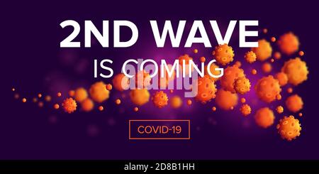 Second wave is coming - COVID-19 attack or infection spread horizontal banner design concept. 3d realistic vector illustration of a microscopic view o