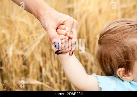 Close up view at mother and her infant child arms holding together against golden wheat background, Caucasian people Stock Photo