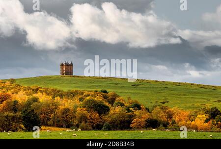The Cage, Lyme Park with the Autumn colours of Coalpit Clough in the foreground. Stockport Stock Photo