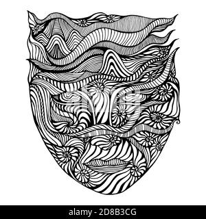 Black and white psychedelic face of crazy patterns Coloring page. Stock Vector