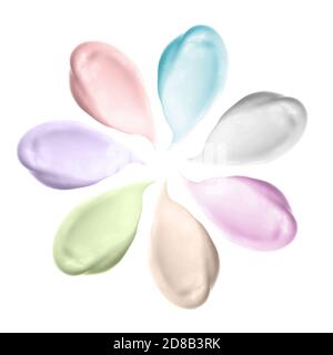 Set of different colored cosmetic cream swipes isolated on white. Facial hand cream with collagen smudge smears. Skincare lotion texture cosmetic Stock Photo