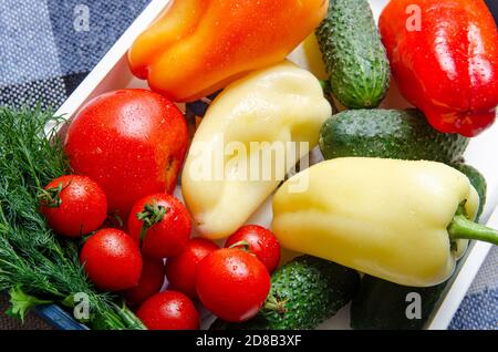 a set of fresh organic vegetables for cooking, salad, Stock Photo