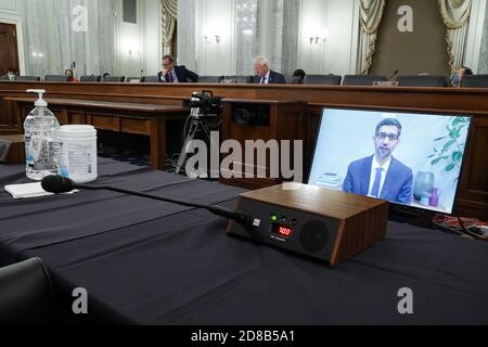 Washington, Dc, USA. 28th Oct, 2020. Google CEO Sundar Pichai testifies remotely during a Senate Commerce, Science, and Transportation Committee hearing to discuss reforming Section 230 of the Communications Decency Act with big tech companies. (Photo by Greg Nash/Pool/Sipa USA) Credit: Sipa USA/Alamy Live News Stock Photo