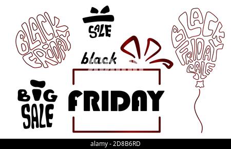 Black friday icon set on white isolated backdrop. Big sale for invitation or gift card, notebook, bath tile, online shop, promo flyer. Phone case or c Stock Vector