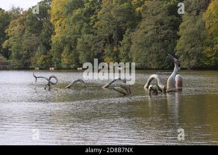 'The Fabulous Water Beast' (Richard Taylor, 2005), The Lake, Llandrindod Wells, Radnorshire, Powys, Wales, Great Britain, United Kingdom, UK, Europe Stock Photo