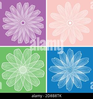 set vector linear stylized white flower on color background Stock Vector