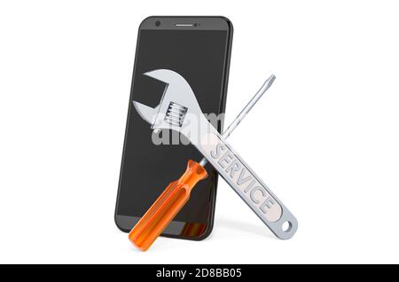 Repair and service of smartphone phone, 3D rendering isolated on white background Stock Photo