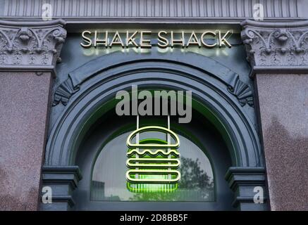 Shake Shack restaurant neon sign on Charing Cross Road. London