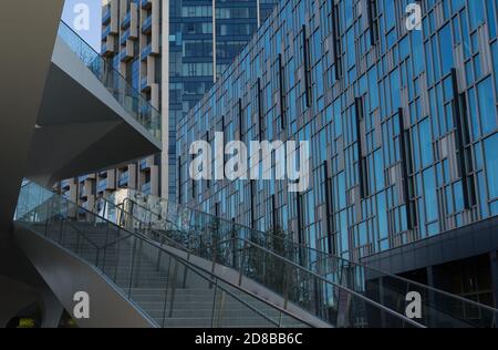 Staircase in North Greenwich with shiny glass office buildings opposite. London Stock Photo