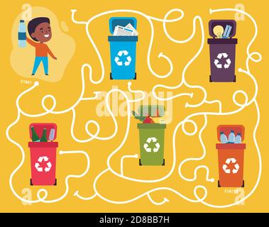 Recycling maze for kids with a solution Stock Vector