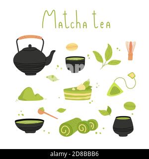 Set of various tea products made from matcha Stock Vector