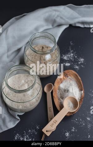 natural organic sourdough starters: freshly fermented bubbly rye and wheat starters in glass jars ready to use to make sourdough bread Stock Photo