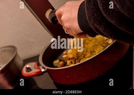 Woman hand with silver ring putting some Indian food form pan in the pot Stock Photo