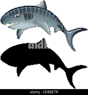 Shark characters and its silhouette on white background illustration Stock Vector