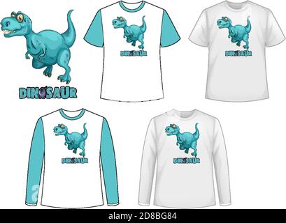 Set of different types of shirt in dinosaur theme with dinosaur logo illustration Stock Vector