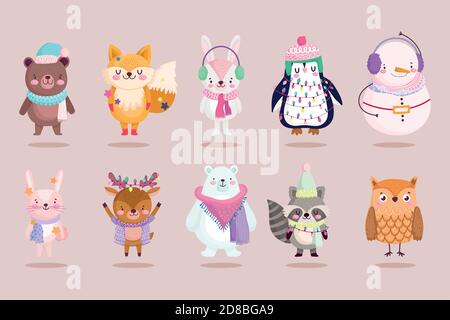 christmas cute snowman rabbit penguin fox bear and owl animals cartoon vector illustration Stock Vector