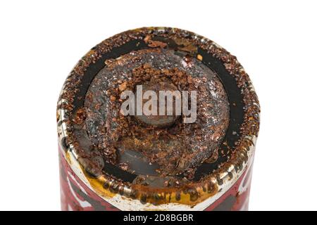 Leaked battery in detail isolated on white background Stock Photo