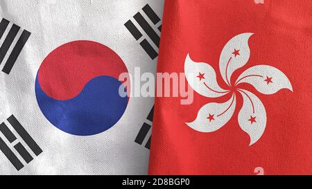 Hong Kong and South Korea two flags textile cloth 3D rendering Stock Photo