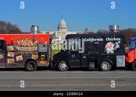 WASHINGTON, DC -22 FEB 2020- View of food trucks queued up on the National Mall in Washington, DC. Stock Photo