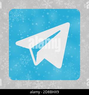 VORONEZH, RUSSIA - NOVEMBER 28, 2020: Telegram logo square icon on Christmas background of snowflakes in gray colors Stock Vector