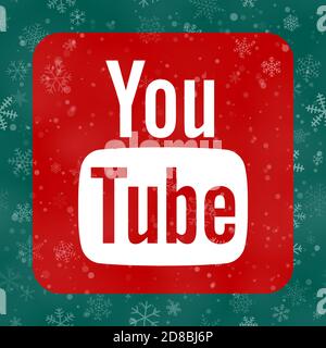 VORONEZH, RUSSIA - NOVEMBER 28, 2020: YouTube logo square icon on Christmas background of snowflakes in turquoise colors Stock Vector