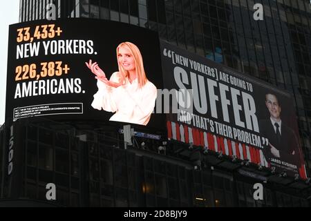 New York City, USA. 28th Oct, 2020. Two side by side posters featuring Ivanka Trump and her husband Jared Kushner, both senior White House advisors, with messages of indifference regarding COVID-19, on display in Times Square, in New York, NY, October 28, 2020. Created by the Lincoln Project, a conservative anti-Trump organization, has been threatened with a lawsuit by lawyers representing the couple if the billboards are not removed. (Anthony Behar/Sipa USA) Credit: Sipa USA/Alamy Live News Stock Photo
