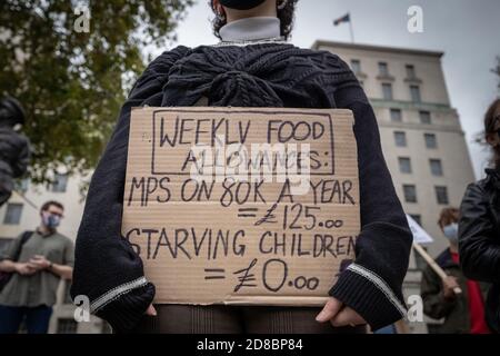 Protest for Access to Free School Meals in London after Boris Johnson and Tory MPs rejected plans to extend free school meals over the holidays. Stock Photo