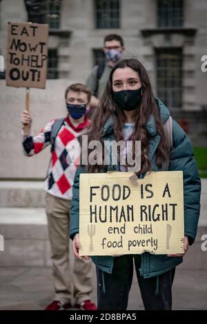 Protest for Access to Free School Meals in London after Boris Johnson and Tory MPs rejected plans to extend free school meals over the holidays. Stock Photo