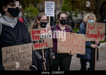 Protest for Access to Free School Meals in London after Boris Johnson and Tory MPs rejected plans to extend free school meals over the holidays. Stock Photo