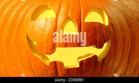 Halloween spooky jack-O-Lantern festive pumpkin as a carved squash as an autumn or fall season celebration symbol. Stock Photo