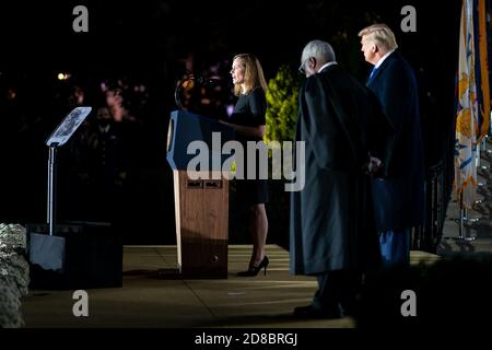 U.S. Supreme Court Associate Justice Amy Coney Barrett delivers remarks Monday, October 26, 2020, during her swearing-in ceremony on the South Lawn of the White House. (USA) Stock Photo