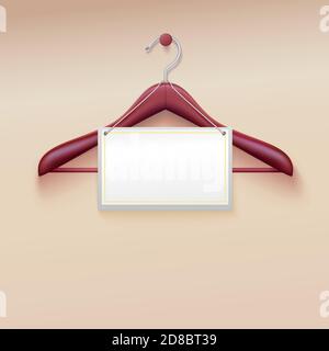 Wooden hanger with tag isolated on cream background. Stock Vector