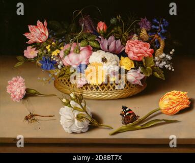 Flower Still Life - A pink carnation, a white rose, and a yellow tulip with red stripes lie in front of a basket with flowers, that would not bloom together: roses, forget-me-nots, lilies-of-the-valley, a cyclamen, a violet, a hyacinth, and tulips. Insects, short-lived like flowers, remind of the brevity of life and the transience of its beauty.  Ambrosius Bosschaert, 1614 Stock Photo