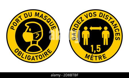 Round Signs in French "Port Du Masque Obligatoire" (Face Masks Required) and "Gardez Vos Distances" (Keep Your Distance) 1,5 Meters. Vector Image. Stock Vector