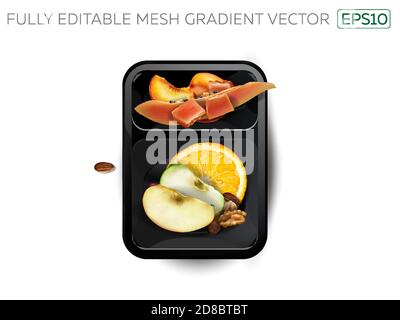 Assorted fruits and nuts in a lunchbox. Stock Vector
