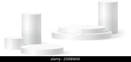 Cylinder podium scene, winner pedestal. White cylinder template for showroom podium scene. Vector white pedestal for product presentation Stock Vector