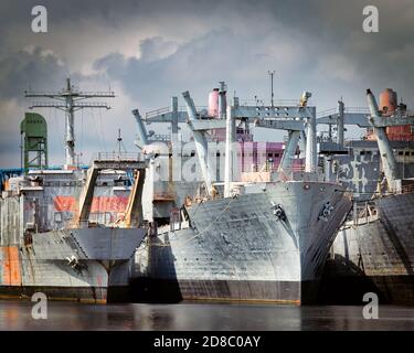 Decommissioned Navy ships, sometimes called the 'mothball fleet', in the former Philadelphia, PA Navy Yard. Stock Photo