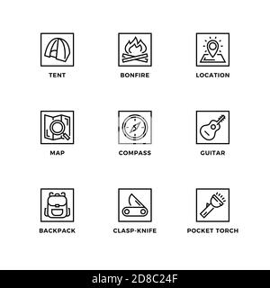 Vector set of design elements, logo design template, icons and badges for camping. Line icon set, editable stroke. Stock Vector