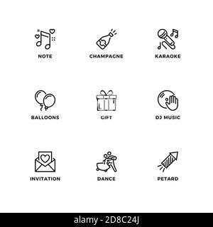 Vector set of design elements, logo design template, icons and badges for party. Line icon set, editable stroke. Stock Vector