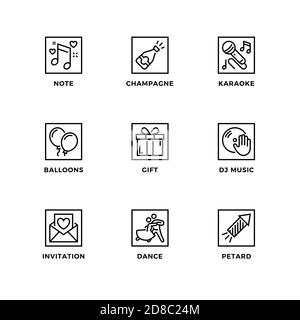 Vector set of design elements, logo design template, icons and badges for party. Line icon set, editable stroke. Stock Vector