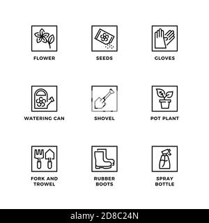 Vector set of design elements, logo design template, icons and badges for garden. Line icon set, editable stroke. Stock Vector