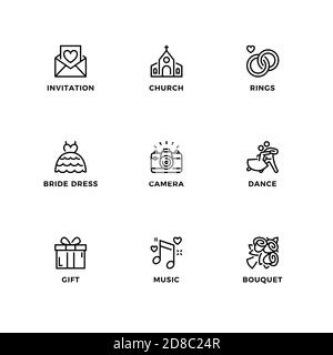 Vector set of design elements, logo design template, icons and badges for wedding. Line icon set, editable stroke. Stock Vector