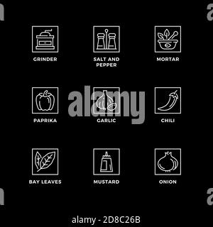 Vector set of design elements, logo design template, icons and badges for herbs and spices. Line icon set, editable stroke. Stock Vector