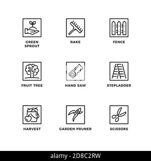 Vector set of design elements, logo design template, icons and badges for garden. Line icon set, editable stroke. Stock Vector
