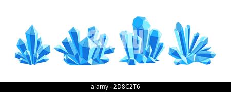 Ice crystals or blue gem stones. Set of crystal druses made of blue quartz isolated in white background. Vector illustration in cartoon style Stock Vector