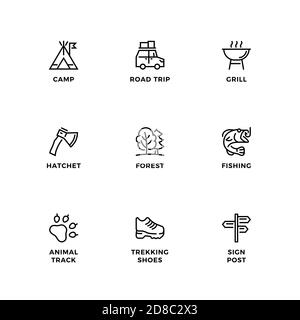 Vector set of design elements, logo design template, icons and badges for camping. Line icon set, editable stroke. Stock Vector
